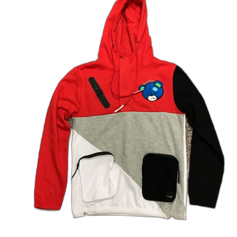 CivilizeD NWOTs Unisex Red Gray Colorblock Blue Bear Patch Hoodie Size M